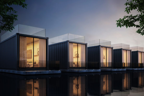 Container House on lake resort, evening light 3D render